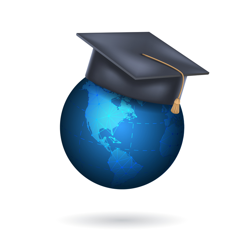 Earth Globe with graduation cap. Concept of global education, international student exchange program, studying abroad. Vector illustration for banner, poster, presentation, website.