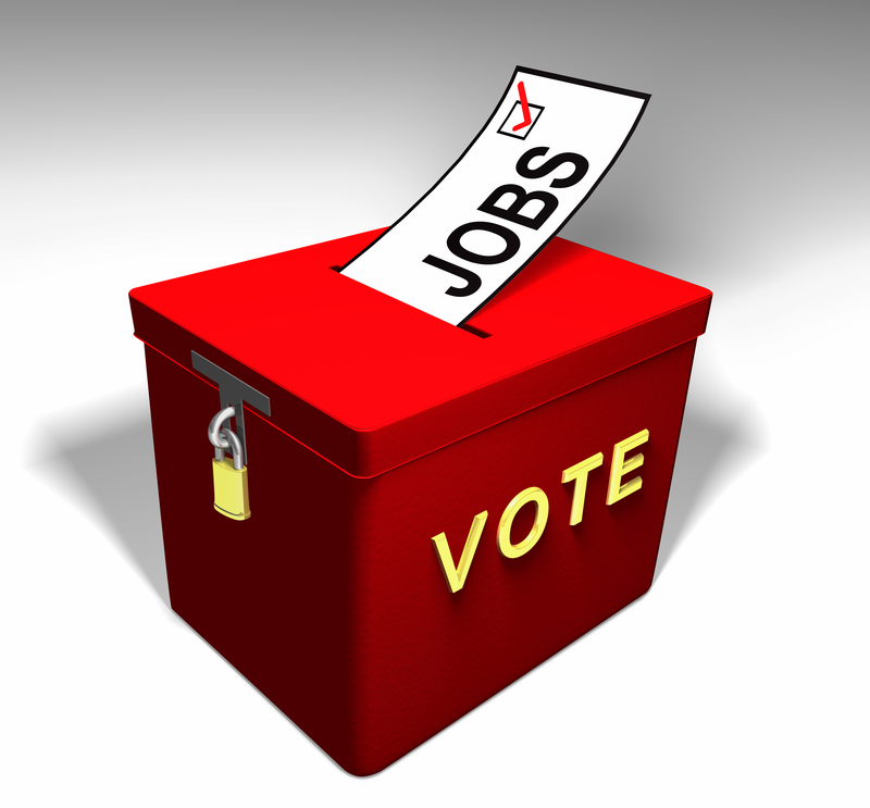 Red Ballot Box encouraging one to vote for a jobs topic on the ballot