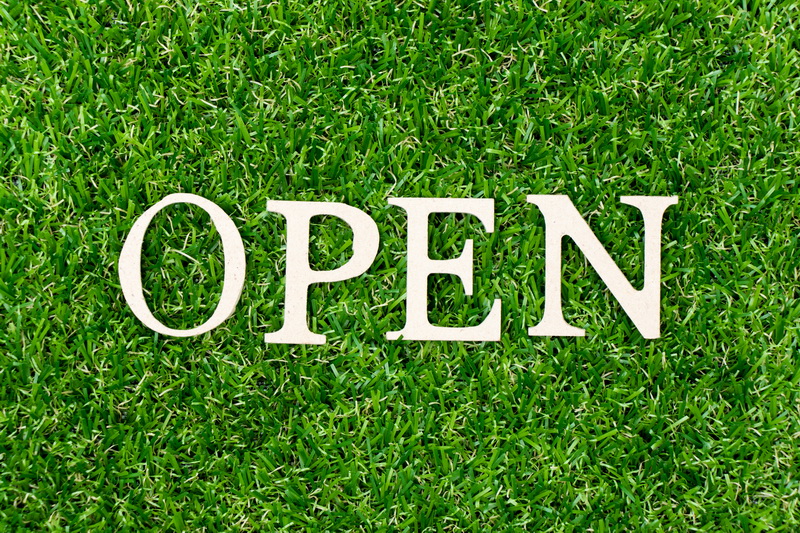 Wood letter in word open on green grass background