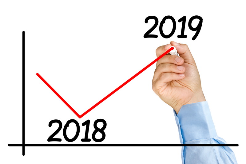 Businessman hand marker improvement graph 2019 year isolated on white