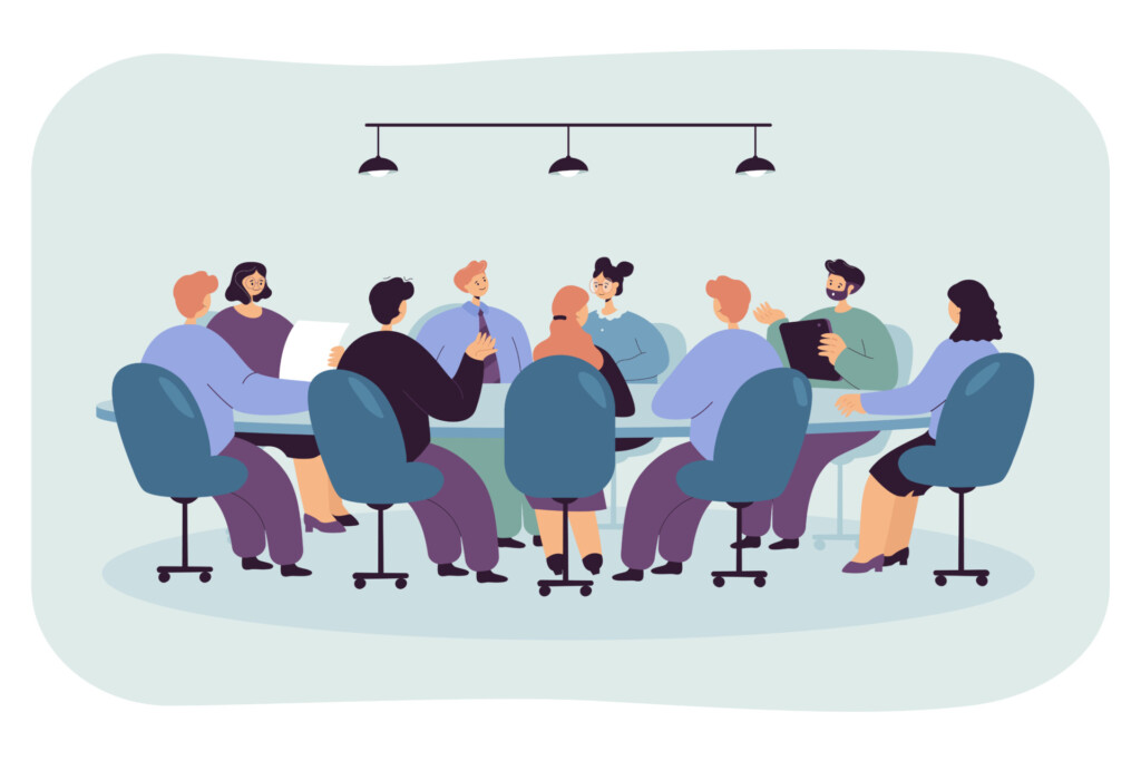 Politician sitting at round table in boardroom Politician sitting at round table in boardroom. Board of directors with CEO holding formal talk in office room flat vector illustration. Business authority, corporate leader, planning strategy concept