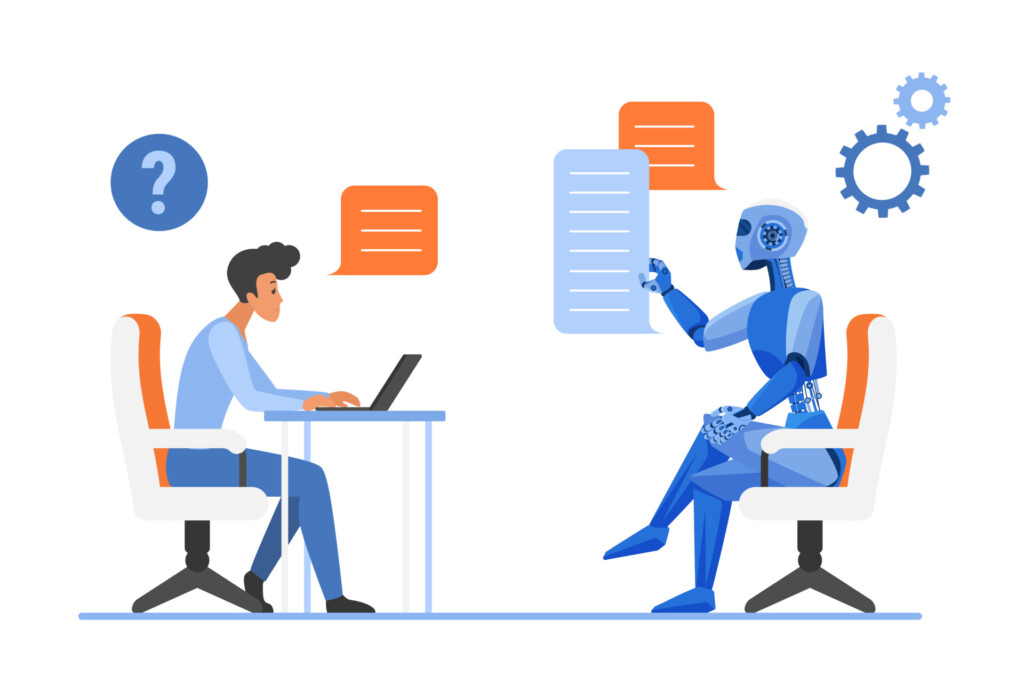 Human and Chatbot Dialogue Concept A human engaging in a dialogue with a chatbot, both seated and exchanging information, representing AI interaction, technology, and communication vector illustration.